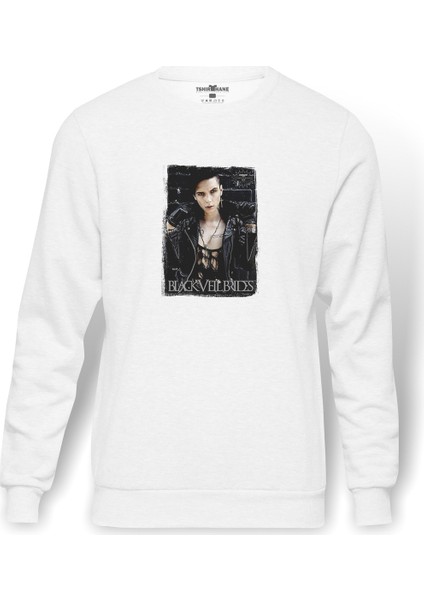 Black Veil Brides Andy Rock Baskılı Beyaz Erkek Örme Sweatshirt Uzun Kol