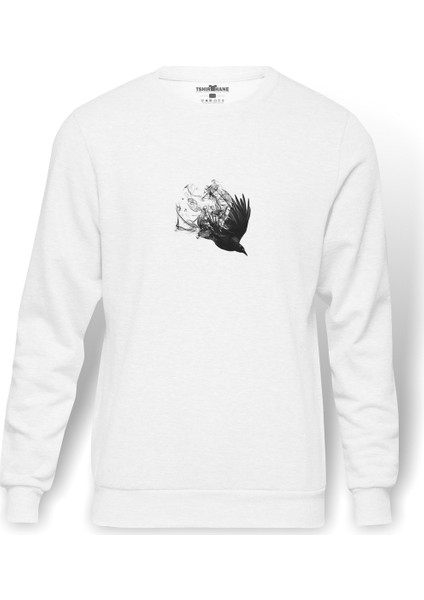 Blackbird Black Bird After Dark Baskılı Beyaz Erkek Örme Sweatshirt Uzun Kol