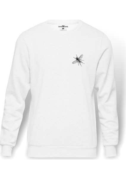 Böcek Çizimi Baskılı Beyaz Erkek Örme Sweatshirt Uzun Kol