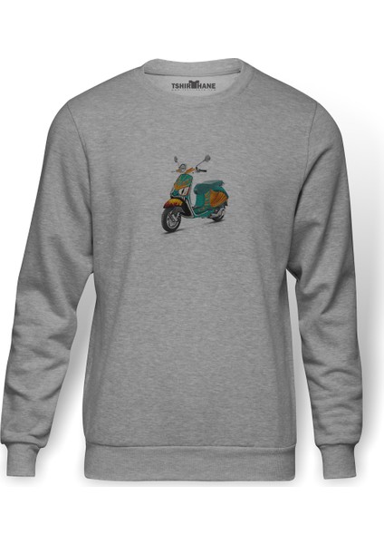 Art Vespa Illustration On Baskılı Gri Erkek Örme Sweatshirt Uzun Kol