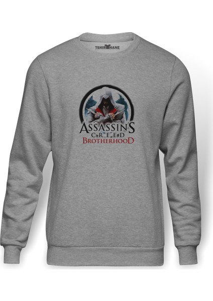 Assassins Creed Brootherhood Baskılı Gri Erkek Örme Sweatshirt Uzun Kol