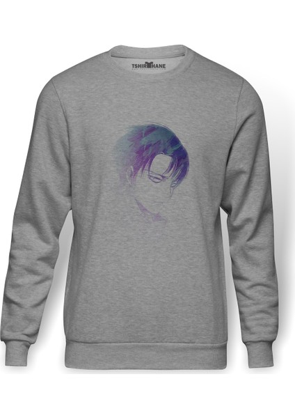Anime Attack On Titan Baskılı Gri Erkek Örme Sweatshirt Uzun Kol