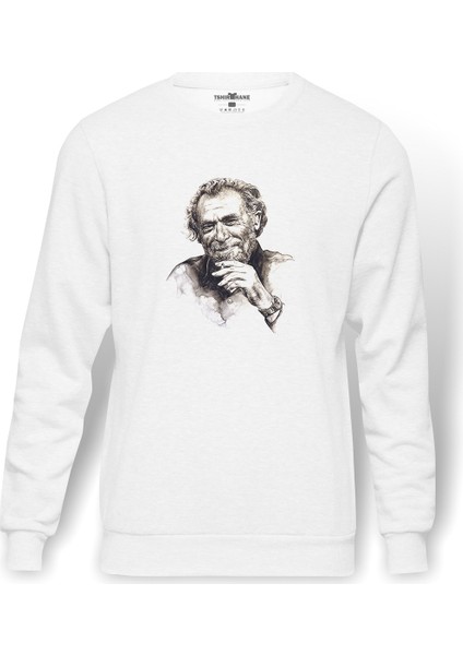 Bukowski Baskılı Beyaz Erkek Örme Sweatshirt Uzun Kol