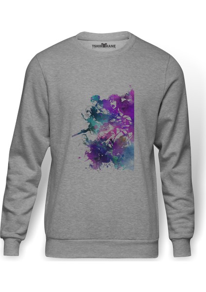 Anime Attack On Titan Baskılı Gri Erkek Örme Sweatshirt Uzun Kol