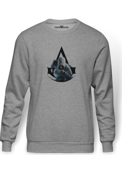 Assassins Creed Sanat Assassins Creed Baskılı Gri Erkek Örme Sweatshirt Uzun Kol