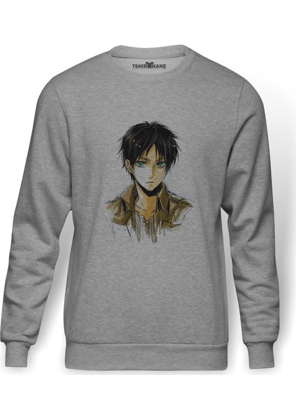 Anime Attack On Titan Baskılı Gri Erkek Örme Sweatshirt Uzun Kol