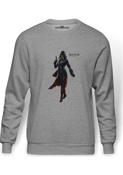 Assassins Creed Unity Elise Baskılı Gri Erkek Örme Sweatshirt Uzun Kol