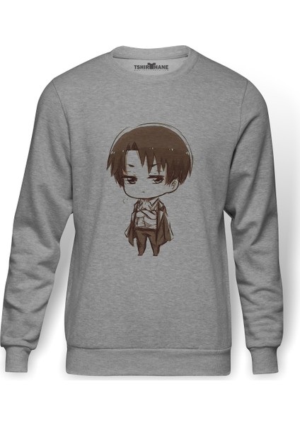 Anime Attack On Titan Baskılı Gri Erkek Örme Sweatshirt Uzun Kol
