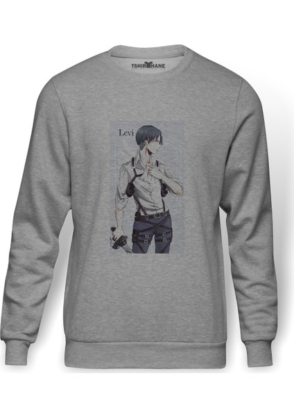 Anime Attack On Titan Baskılı Gri Erkek Örme Sweatshirt Uzun Kol