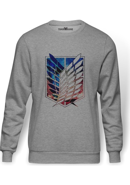 Anime Attack On Titan Baskılı Gri Erkek Örme Sweatshirt Uzun Kol