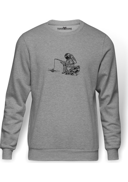 Astronaut Spaceman With Blue Whale Baskılı Gri Erkek Örme Sweatshirt Uzun Kol