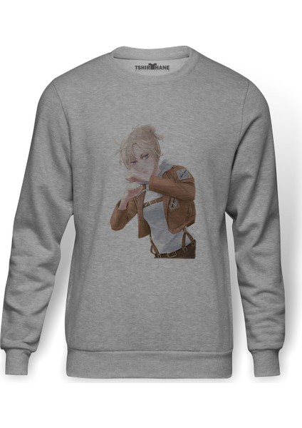 Anime Attack On Titan Baskılı Gri Erkek Örme Sweatshirt Uzun Kol