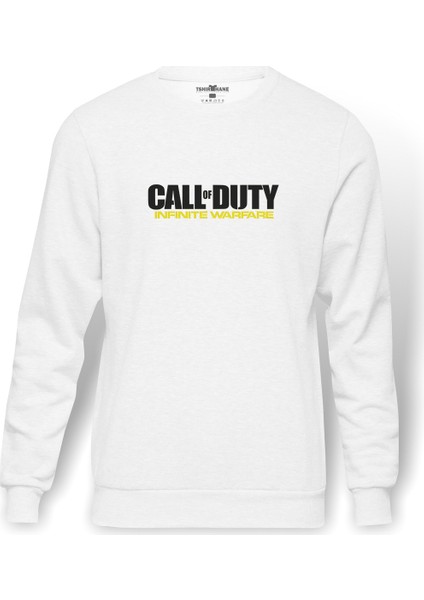 Call Of Duty İnfinite Warfare Logo Baskılı Beyaz Erkek Örme Sweatshirt Uzun Kol