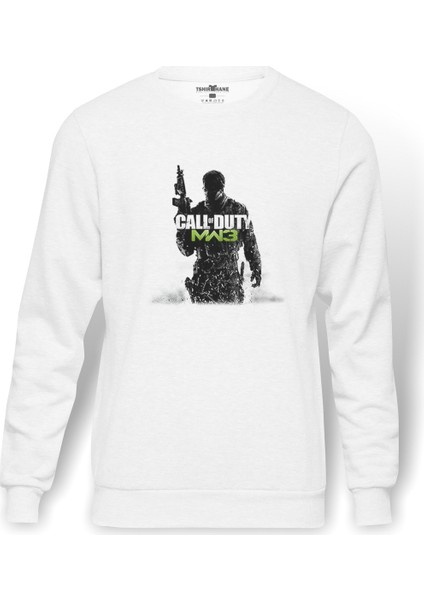 Call Of Duty Mw3 Baskılı Beyaz Erkek Örme Sweatshirt Uzun Kol