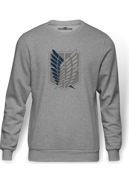 Attack On Titan Amblem Logo Baskılı Gri Erkek Örme Sweatshirt Uzun Kol