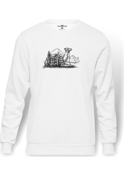 Camel Mirage Mısır Piramitleri Dromedary Çöl Baskılı Beyaz Erkek Örme Sweatshirt Uzun Kol