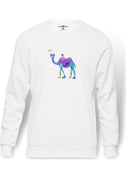 Camel Piramitleri Dromedary Deve Çöl Çizim Baskılı Beyaz Erkek Örme Sweatshirt Uzun Kol