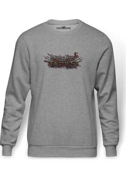 Attack On Titan Yazı Baskılı Gri Erkek Örme Sweatshirt Uzun Kol