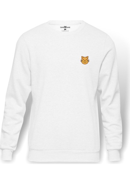 Cat Emoji Heart Smile Baskılı Beyaz Erkek Örme Sweatshirt Uzun Kol