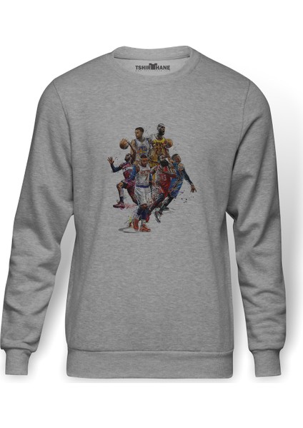 Basket Basketbol Spor Baskılı Gri Erkek Örme Sweatshirt Uzun Kol