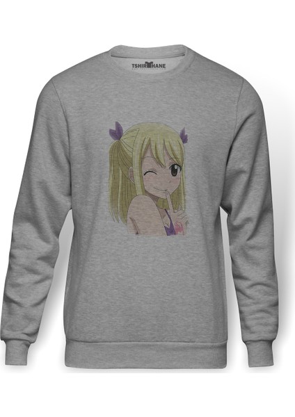 Anime Mavis Vermillion Fairy Tail Glass Baskılı Gri Erkek Örme Sweatshirt Uzun Kol