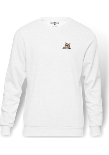 Cat Kedi Baskılı Beyaz Erkek Örme Sweatshirt Uzun Kol