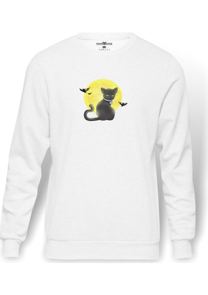 Cat On The Moon Baskılı Beyaz Erkek Örme Sweatshirt Uzun Kol