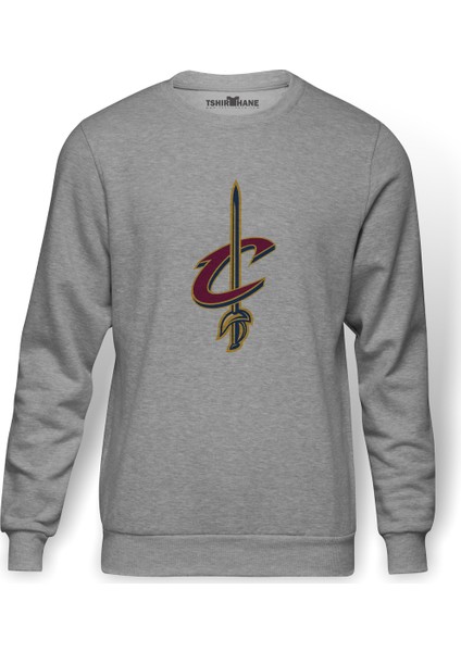 Basketbol Logo Amblem Baskılı Gri Erkek Örme Sweatshirt Uzun Kol