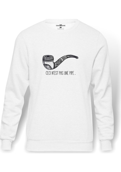 Ceci Ne Pas Une Pipe Baskılı Beyaz Erkek Örme Sweatshirt Uzun Kol