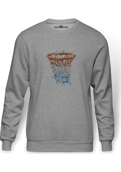 Basketbol Pota Baskılı Gri Erkek Örme Sweatshirt Uzun Kol