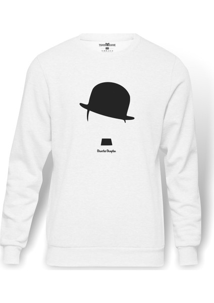 Chaplin Comic Charlıe Chaplın Baskılı Beyaz Erkek Örme Sweatshirt Uzun Kol