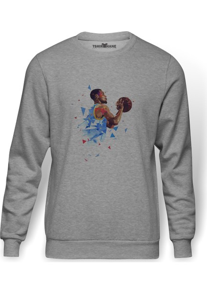 Basketbolcu Basket Baskılı Gri Erkek Örme Sweatshirt Uzun Kol