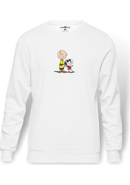 Charlie Brown And Snoopy By Snoopy Baskılı Beyaz Erkek Örme Sweatshirt Uzun Kol