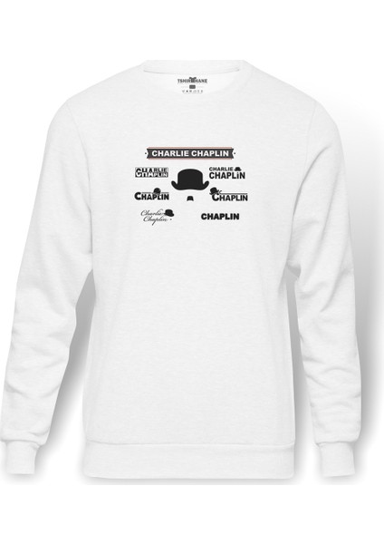 Charlie Chaplin Baskılı Beyaz Erkek Örme Sweatshirt Uzun Kol