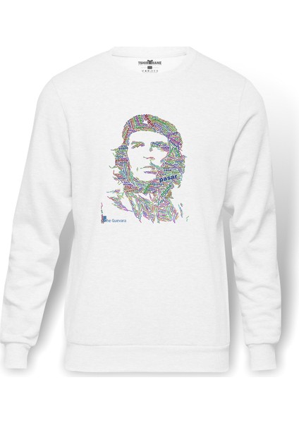 Che Guevara Diarios De Motocicleta Baskılı Beyaz Erkek Örme Sweatshirt Uzun Kol