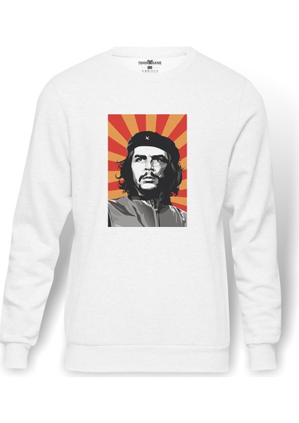 Che Guevara Red Yellow Baskılı Beyaz Erkek Örme Sweatshirt Uzun Kol