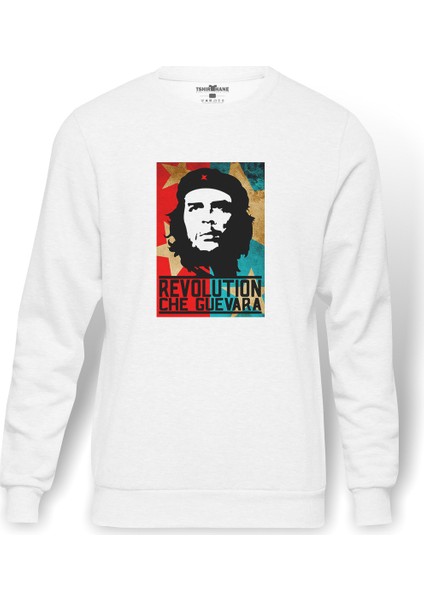 Che Guevara Revolution Baskılı Beyaz Erkek Örme Sweatshirt Uzun Kol