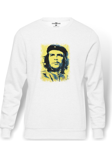Che Guevara Revolutionary Ernesto Baskılı Beyaz Erkek Örme Sweatshirt Uzun Kol