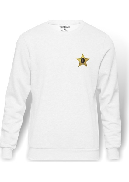 Che Guevara Yıldız Che Göğüs Baskılı Beyaz Erkek Örme Sweatshirt Uzun Kol