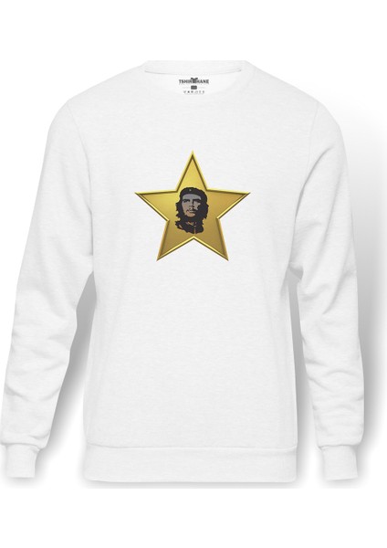 Che Guevara Yıldız Che Baskılı Beyaz Erkek Örme Sweatshirt Uzun Kol