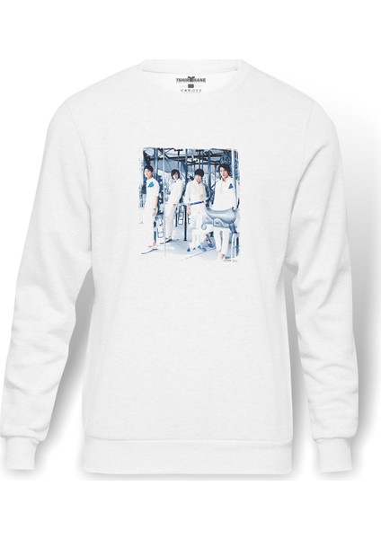 Cnblue Music Baskılı Beyaz Erkek Örme Sweatshirt Uzun Kol