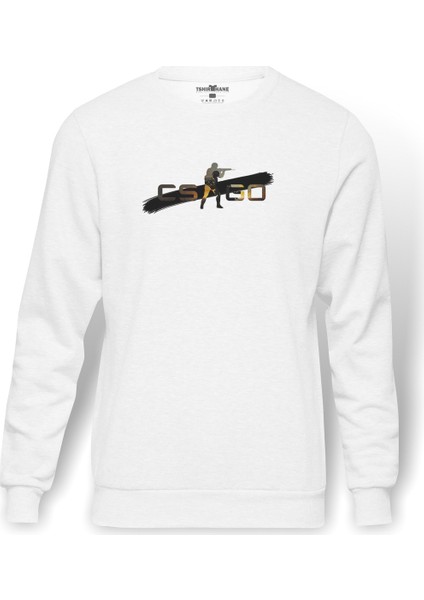 Cs Go Counter Strike Go Asker Baskılı Beyaz Erkek Örme Sweatshirt Uzun Kol