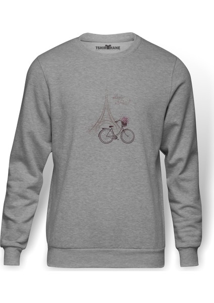Bicycle Clipart Bike Paris Torre De Baskılı Gri Erkek Örme Sweatshirt Uzun Kol