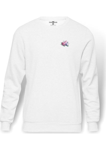Çiçek Tasarım Cenolia Güller Kesme Çiçekler Baskılı Beyaz Erkek Örme Sweatshirt Uzun Kol