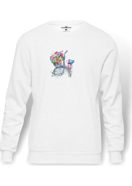 Çiçekçi Ile Mamachari Bisiklet Suluboya Resim Baskılı Beyaz Erkek Örme Sweatshirt Uzun Kol