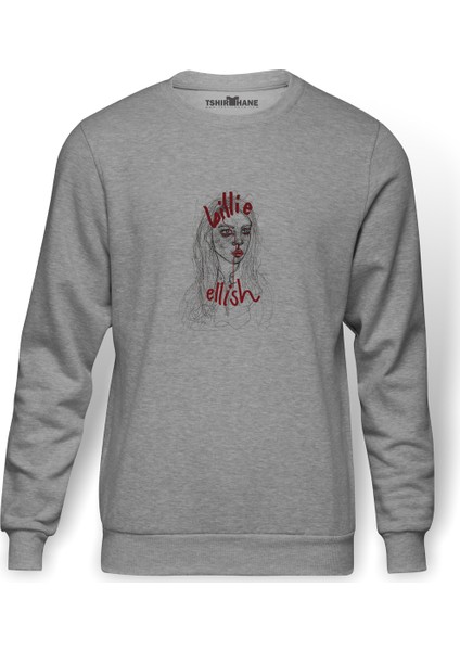 Billi E Eilish Karakalem Çizim Baskılı Gri Erkek Örme Sweatshirt Uzun Kol