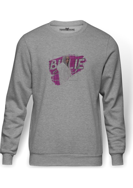 Billi E Eilish Logosu Blosh Baskılı Gri Erkek Örme Sweatshirt Uzun Kol