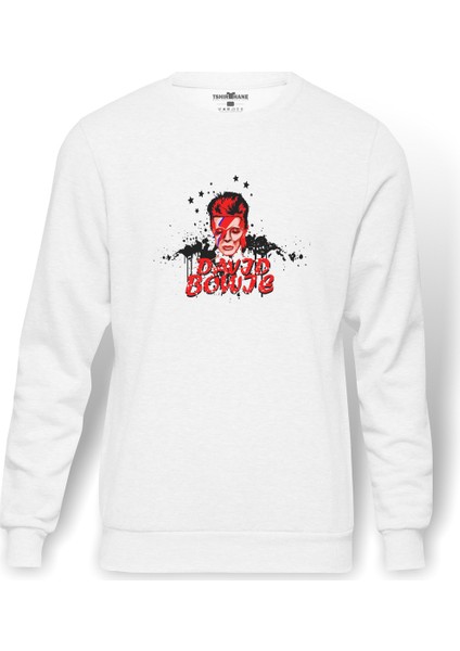 David Bowie Baskılı Beyaz Erkek Örme Sweatshirt Uzun Kol