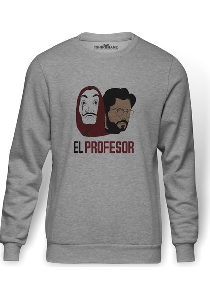 La Case De Papel El Profesor Baskılı Gri Erkek Örme Sweatshirt Uzun Kol