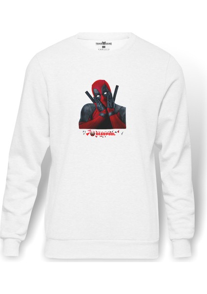 Deadpool Düşünceli Baskılı Beyaz Erkek Örme Sweatshirt Uzun Kol